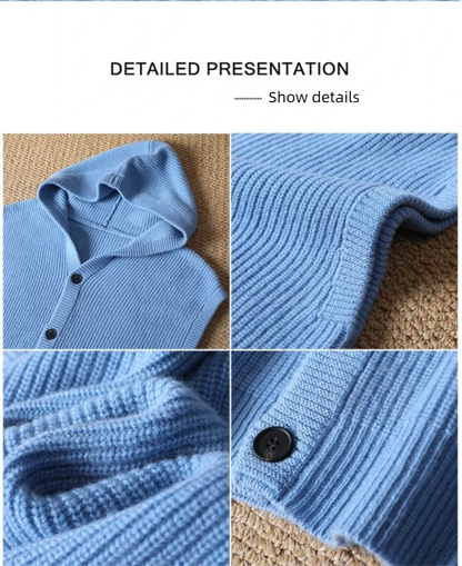 2025 Autumn/Winter Men's Vest 100% Merino Wool Knit Hooded Cardigan Casual Loose Sleeveless Solid Color Men's Cashmere Sweater