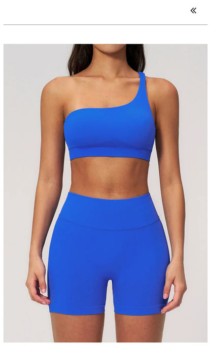TRY TO BN Seamless Two Pieces Women's Tracksuit Yoga Shorts Set One-shoulder Hollow Backless Fitness Running Workout Gym Clothes