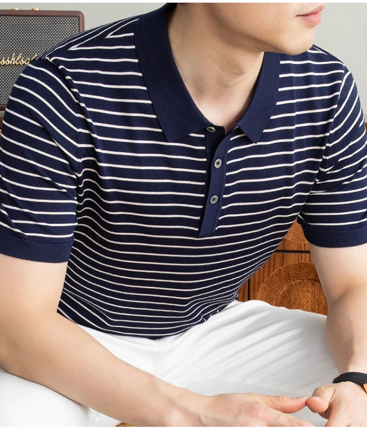 Men's Lyocell shirt summer new casual striped short sleeved T-shirt Polo collar breathable comfortable knitted pullover