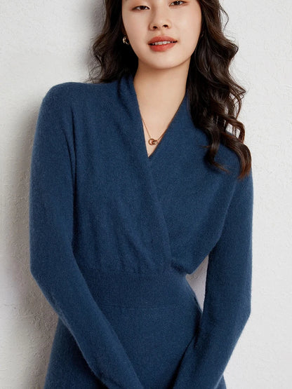 CHICUU Women 100% Cashmere Dresses V-neck Waist Cinching Dresses Autumn Winter Office Lady Grace Luxury Cashmere Knitwear