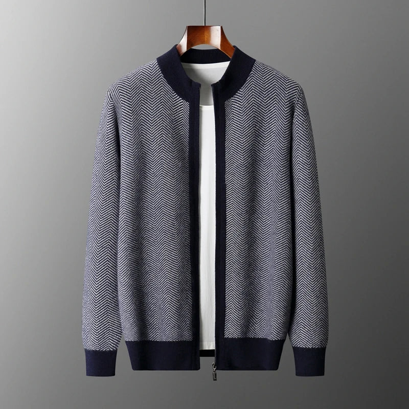 Autumn Winter 100% Merino Wool Knitted Zipper Cardigan Men's Half High Collar Herringbone Pattern Thick Coat Casual Warm Jacket