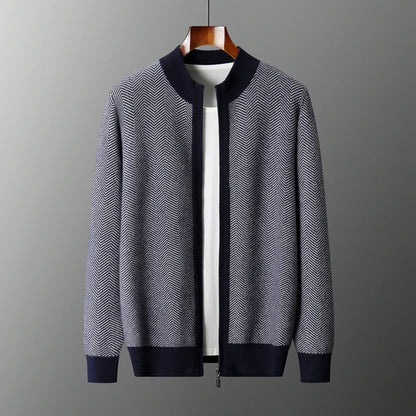Autumn Winter 100% Merino Wool Knitted Zipper Cardigan Men's Half High Collar Herringbone Pattern Thick Coat Casual Warm Jacket
