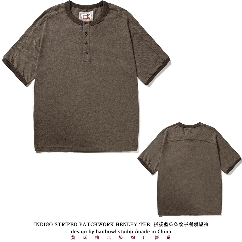 Men's American Retro T-shirt Heavyweight Loose Fit Short Sleeve Henry Collar Neutral Design Casual Loose Shirt