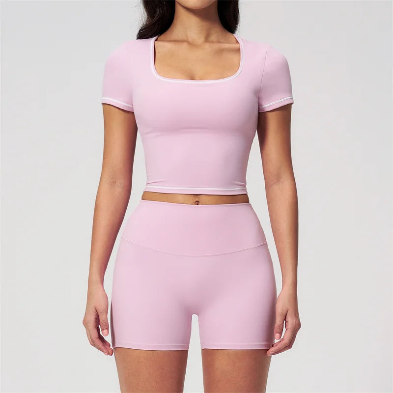 TRY TO BN 2 Pieces Women's Tracksuit Yoga Short Sleeves Top Sets High Waist Shorts Contrasting Color Running Fitness Gym Clothes
