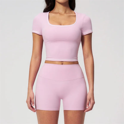 TRY TO BN 2 Pieces Women's Tracksuit Yoga Short Sleeves Top Sets High Waist Shorts Contrasting Color Running Fitness Gym Clothes