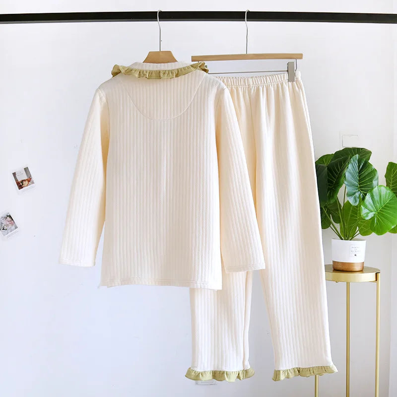 Autumn and winter new ladies pajamas set cotton air quilted long-sleeved trousers two-piece thickened cute homewear set women