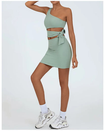 Tennis Dress Women Golf One Shoulder Hollow Out Bandage Slim Fit Fitness Tennis Short Skrit Badminton Dress One-Pieces Yoga Set