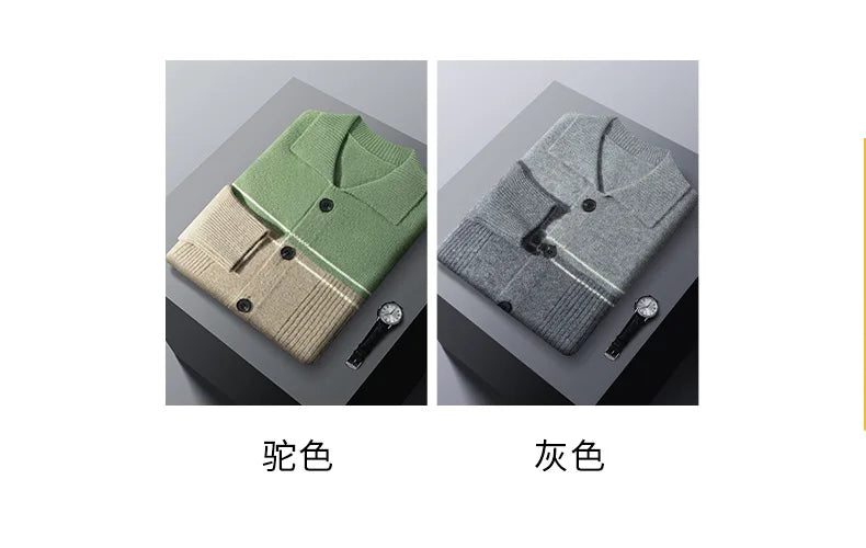 100% Merino Wool Men's Lapel Collar Knit Cardigan Coat 2025 Spring/ Autumn New POLO Neck Business Casual Cashmere Jacket Sweater
