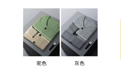 100% Merino Wool Men's Lapel Collar Knit Cardigan Coat 2025 Spring/ Autumn New POLO Neck Business Casual Cashmere Jacket Sweater