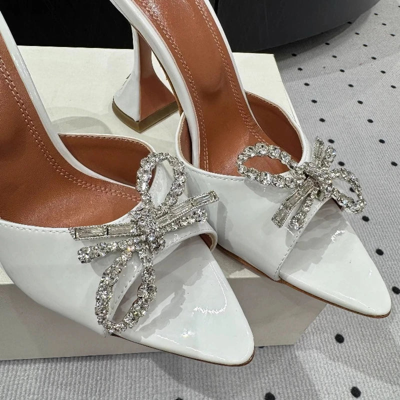 New Bow Rhinestone High-heeled Sandals Sexy Open-toed Fish Mouth Pointed Rear Empty Cool Slippers Women
