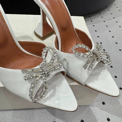New Bow Rhinestone High-heeled Sandals Sexy Open-toed Fish Mouth Pointed Rear Empty Cool Slippers Women