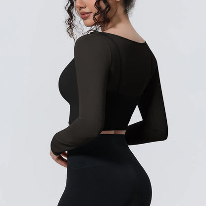 Hearuisavy Women's Mesh Long Sleeve Yoga Top With Padded Bra Fake Two Piece Gym Clothing Fitness Top Quick Dry Sports Crop Top