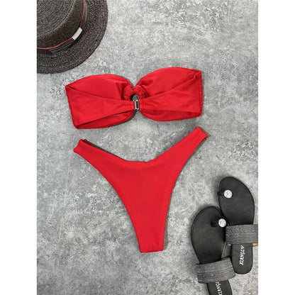 Wrinkled Bandeau High Cut Bikini Women Swimwear Female Swimsuit Two-pieces Bikini set Strapless Bather Bathing Suit Swim V3367