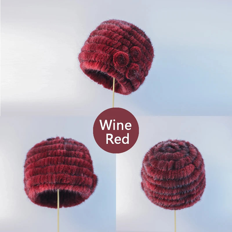 New fashion Genuine real natural women's knitted Mink Fur Hat  hand made knit Fashion Winter Headgear  brimless cap
