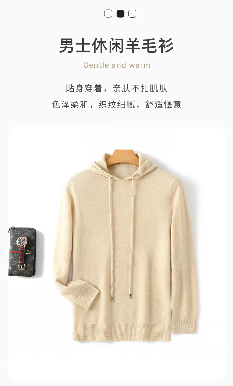 Men's 100% Merino Wool Sweater Hooded Collar Knitted Pullover Cashmere Sweatshirt Autumn Winter Casual Large Tops Long Sleeved