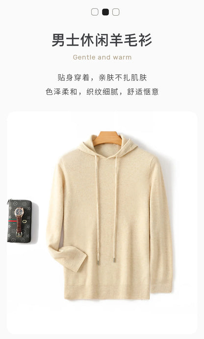 Men's 100% Merino Wool Sweater Hooded Collar Knitted Pullover Cashmere Sweatshirt Autumn Winter Casual Large Tops Long Sleeved