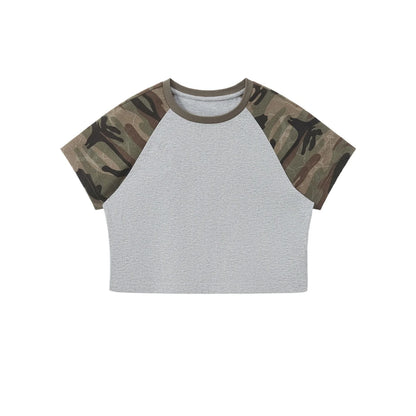 Custom LOGO Women's American Street Spice Girl Camouflage Ragged Short Sleeve T-Shirt 210G Cotton Slim-fit Contrast Top