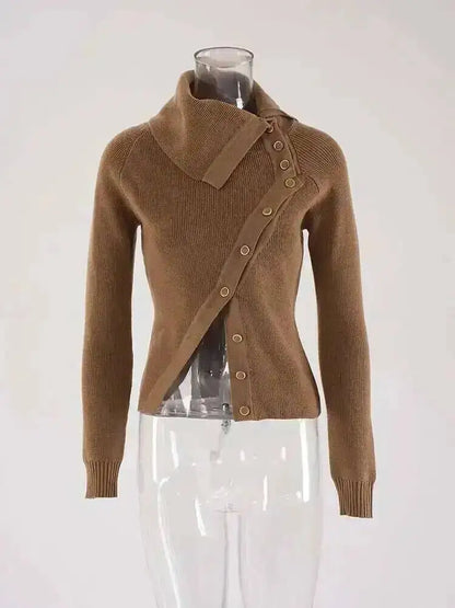 DEAT Fashion Brown Irregular Knitted Tops Women's Turtleneck Slim Fit Button Long Sleeves Short Sweater Autumn New