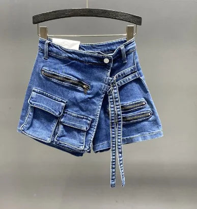 DEAT Fashion Women's Denim Shorts High Waist Zipper Lace Strap Pockets Fake 2 Pcs Green Shorts Skirts Summer 2024 New 17A6200