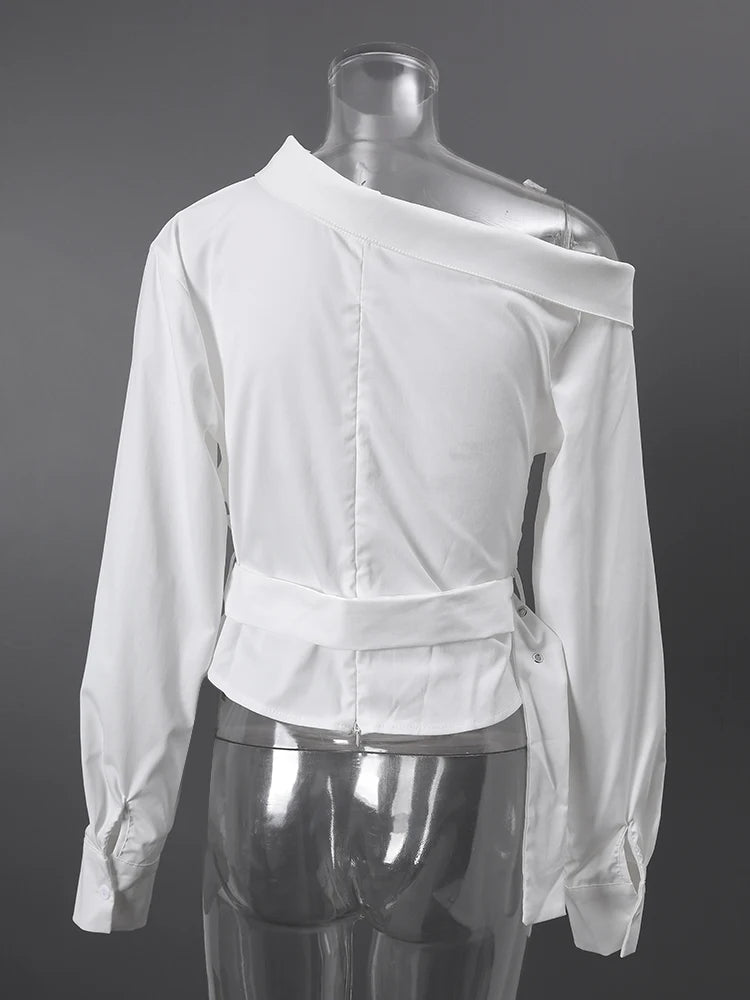 DEAT Fashion Belted Waist Shirt Women's One Shoulder Asymmetrical Collar Long Sleeve White Blouse Sumemr New