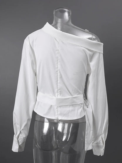 DEAT Fashion Belted Waist Shirt Women's One Shoulder Asymmetrical Collar Long Sleeve White Blouse Sumemr New