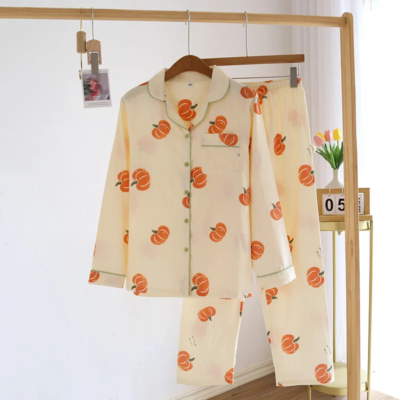 Spring/Summer 2026 New Women's 100% Cotton Gauze Thin Long Sleeve Pants Two Piece Cardigan Homewear Set Sleepwear Pijama