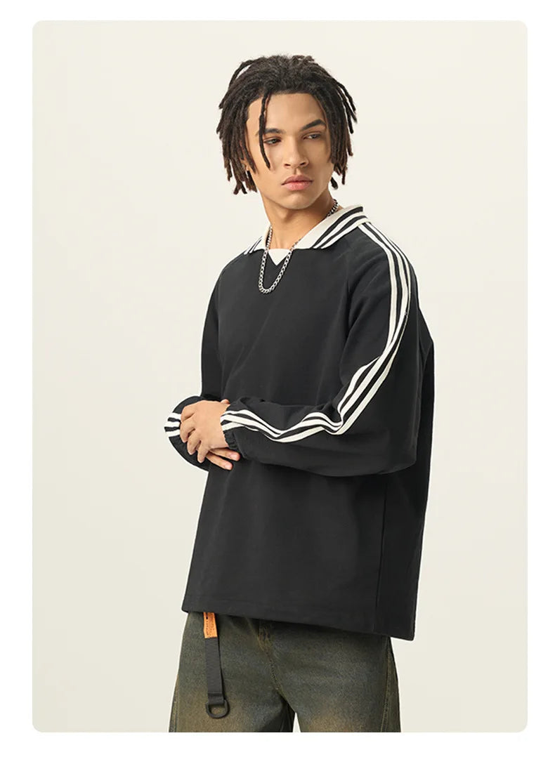 Custom LOGO men's American striped 100% cotton sweater 380G college style contrasting color lapel couple commuter sweater