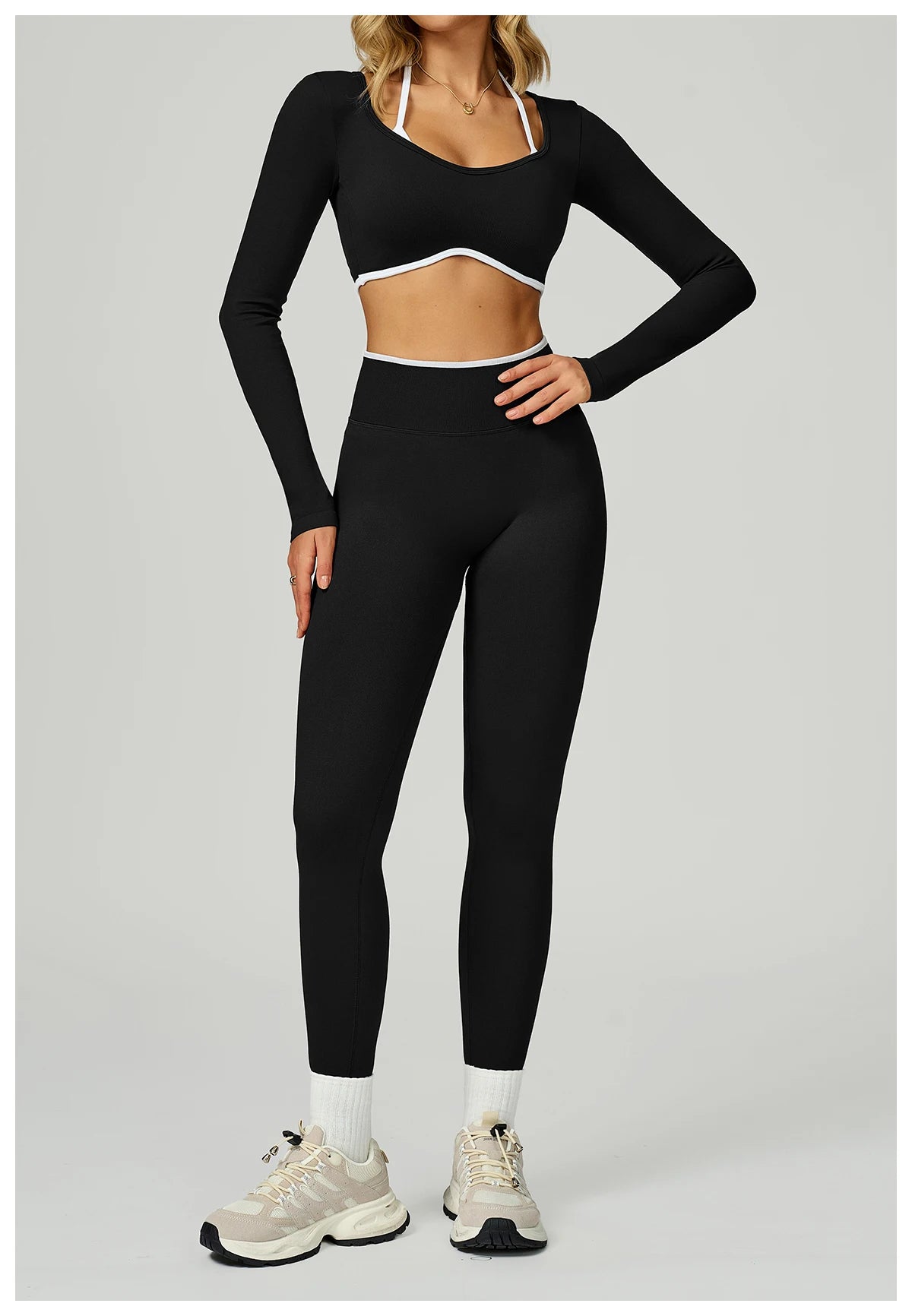 Women Sexy Solid Crop Tops Gym Workout Shirts Yoga Sports Long Sleeve Female Fitness T-Shirt Exposed Navel Quick Dry Sports Tops
