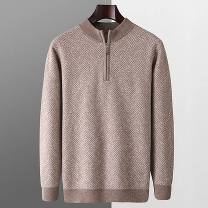 Men's 100% Merino Wool Jacquard Sweater Mock Collar Half Zip Thick Pullover Autumn Winter Cashmere Knitwear Long Sleeved Top