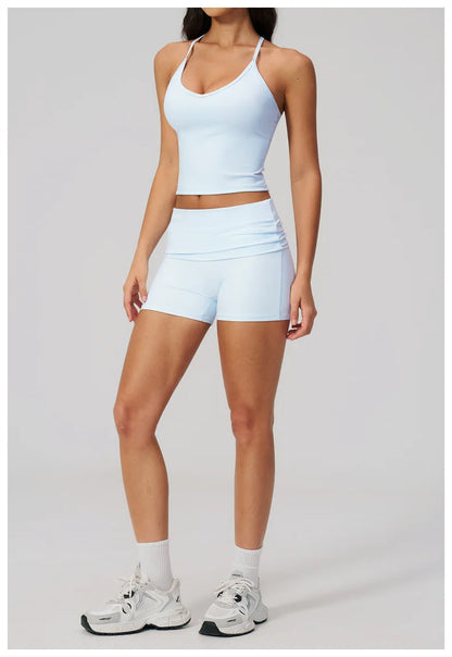 TRY TO BN Two Pieces Women's Tracksuit Vest Sling Top Set Fold-over Waist Yoga Shorts Hip Lifting Running Fitness Gym Activewear