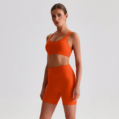 Solid Color High Impact Solid Gym Yoga Set Tight Legging Fitness Cross-back straps Bra Top 2pcs Soft Sport Suit  Women Sportwear