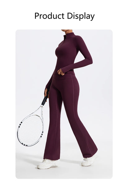 Hearuisavy Summer Half Zipper Yoga Suit Outdoor Workout Clothing Gym Set Women Flared Pants 2Pcs Sports Long Sleeves Shirt Suit