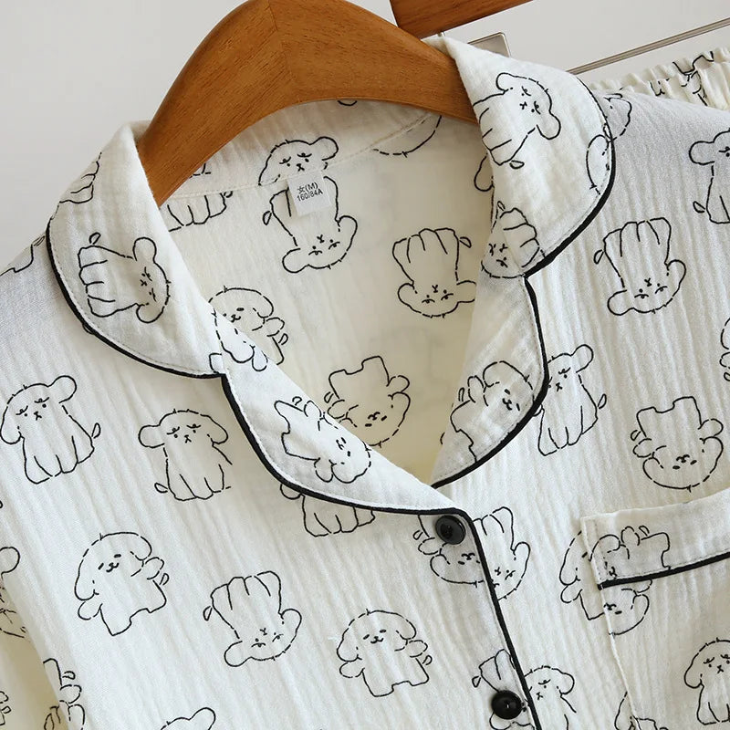 2026 New Spring and Autumn Women's Pajama Set 100% Cotton Crepe Cute Long sleeved Pants Two piece Printed Loose Home Fury