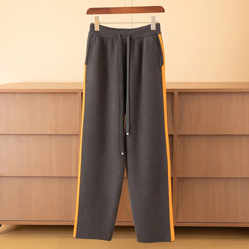 Autumn Winter Thick 100% Merino Wool Contrasting Splicing Casual Sports Pants Men Versatile Knitted Sweatpants Straight Leg Pant