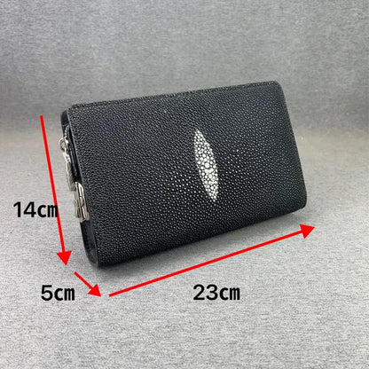 Authentic Sand Polish Stingray Skin Business Zip Lock Wristlet Clutch, Genuine Exotic Leather Black Card Purse for Men