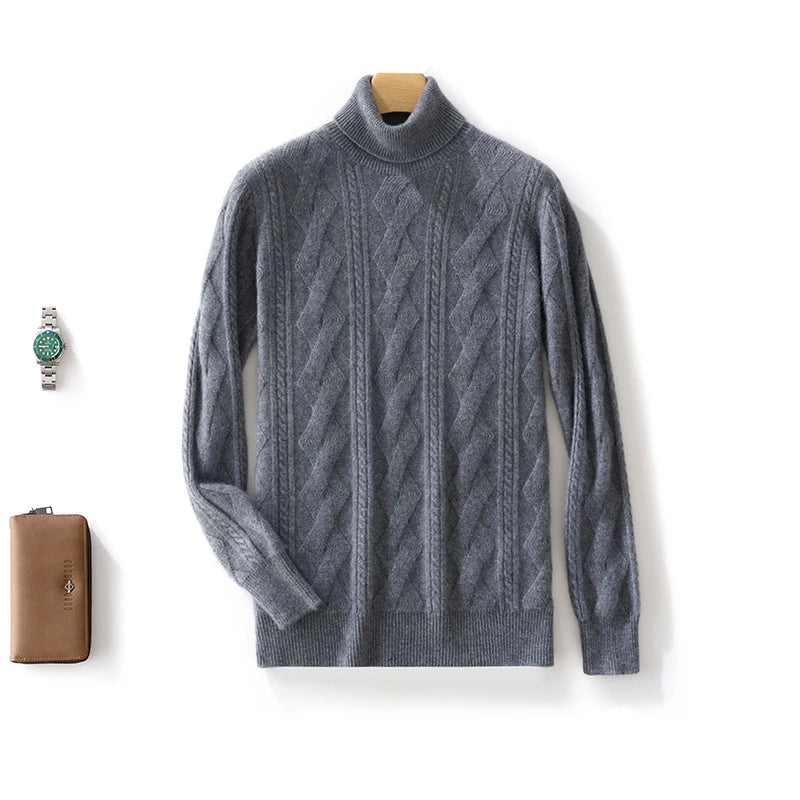 100% Merino Wool Solid Color Turtleneck Cable-Knit Sweater Long Sleeves Pullover Cashmere Men Soft Comfortable Warm Clothing Top