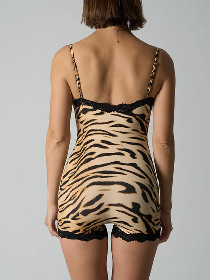 Custom LOGO women's European and American leopard print onesie lace suspender knitted boxer jumpsuit