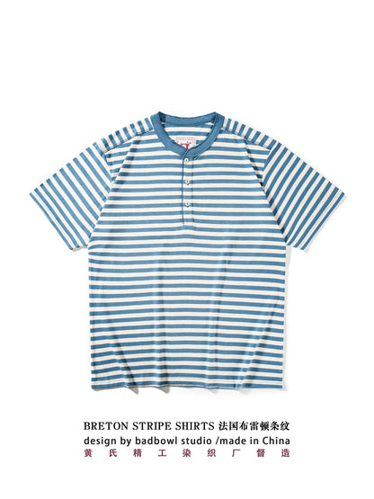 American Retro Sea Soul Shirt 270g Heavy Cotton T-shirt Men's Casual Round Neck Short Sleeve T-shirt Striped Base T-shirt