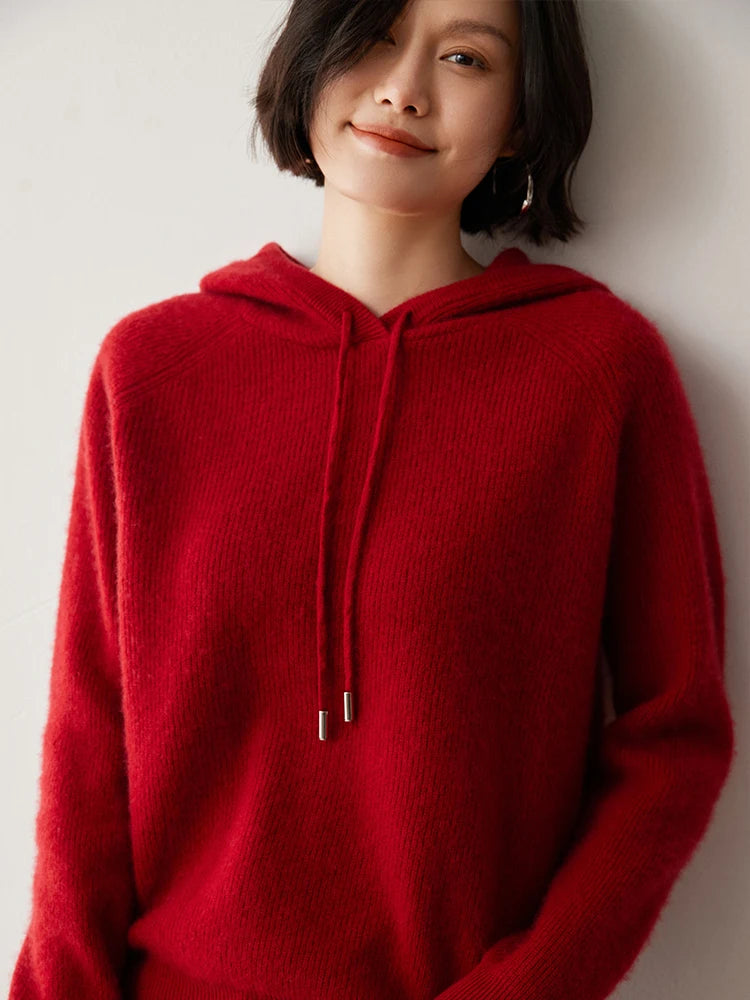 CHICUU Autumn Winter Women Hoodie Pullover Sweater 100% Cashmere Knitwear Soft Warm Casual Style Hooded Sweater Tops