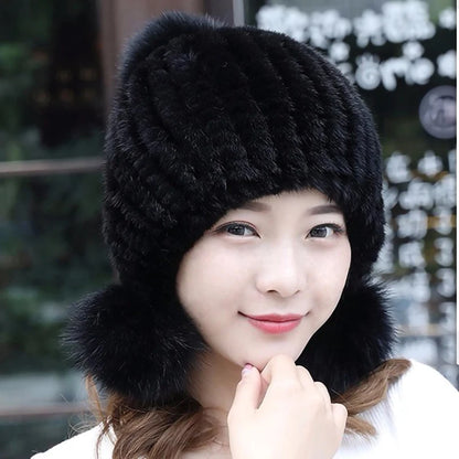 Fashion Women Real mink hat Winter warm mink fur knit hats Women fox fur ball cap