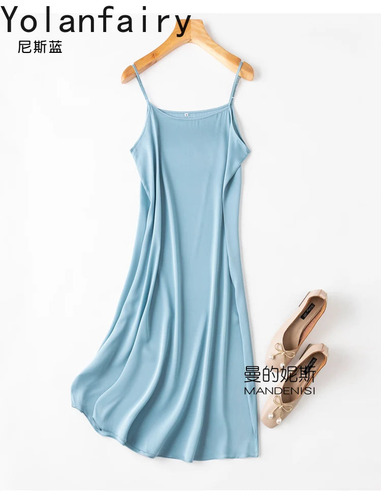 YOLANFAIRY 19momme 93% Mulberry Silk Spaghetti Strap Dress for Women Elegant Mid-length Sexy Real Silk Summer Dresses Woman 원피스
