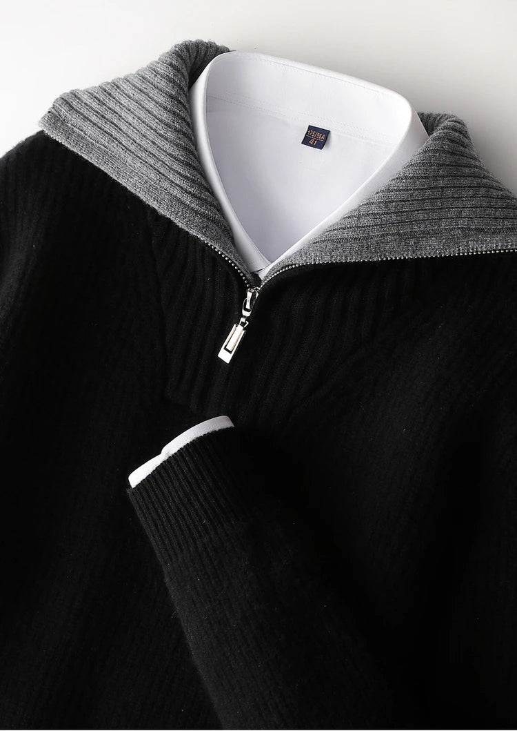 High Quality Men 100% Wool Sweater Turn Down Collar Zippers Pullover 2025 Autumn/Winter Thickened Soft Warm Knitwear Jumper Tops