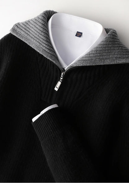 High Quality Men 100% Wool Sweater Turn Down Collar Zippers Pullover 2025 Autumn/Winter Thickened Soft Warm Knitwear Jumper Tops