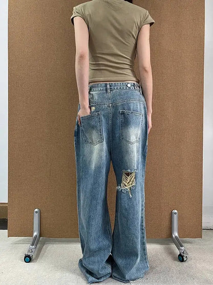 DEAT Fashion Ripped Straight Blue Jeans Women's High Waist Streetwear Denim Pants Summer New 7A4060