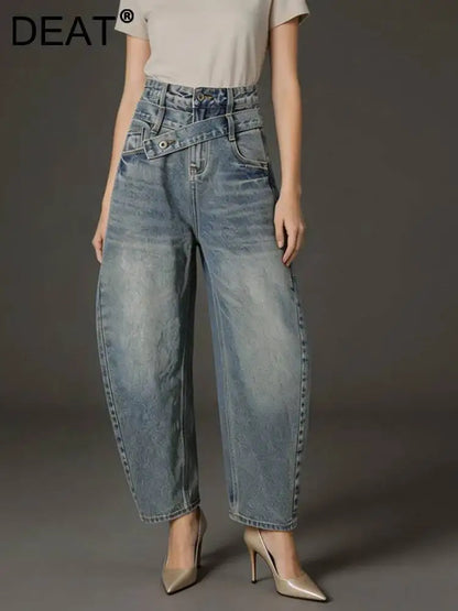 DEAT Fashion Cross Buckle Waist Baggy Jeans Women's High Waist Loose Fit Vintage Blue Denim Pants Sumemr New