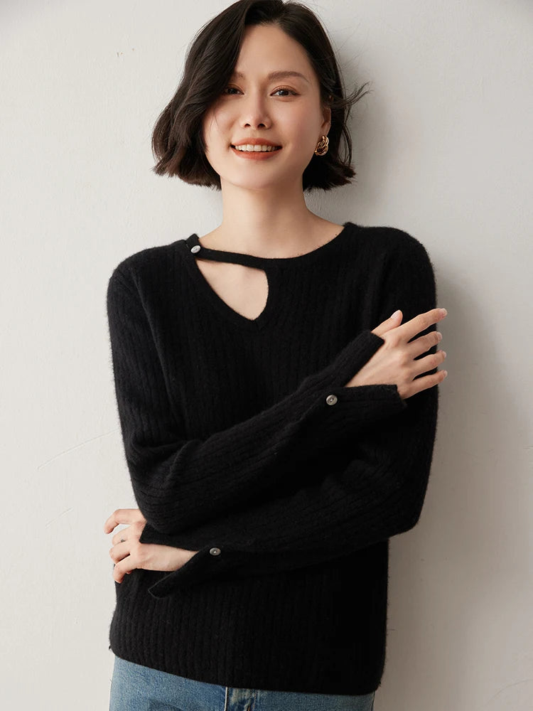 CHICUU Women's 100% Cashmere Knit Pullover Sweater Cut Out Collar Long Sleeve Pullover Autumn Winter Basic Cashmere Knitwear Top