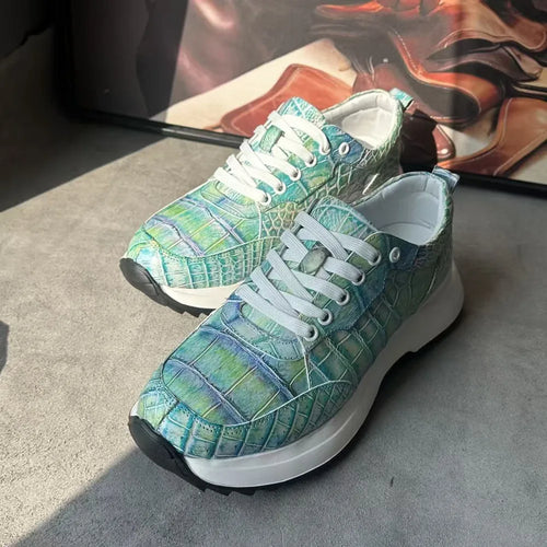 Designer real crocodile leather hand-painted aurora blue men's fashion sneakers crocodile leather men's lace-up casual shoes