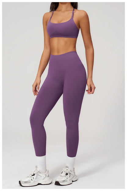 TRY TO BN Women Tracksuit 2 Piece Yoga Set Cross Bra High Waist V Waist Leggings Tummy Control Butt Lifting Workout Running Gym