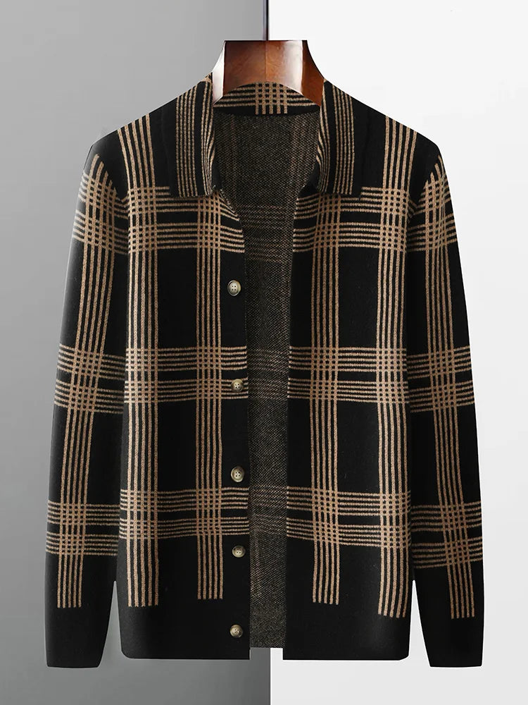 100% Merino Wool Men's Lapel Collar Knit Cardigan Coat 2025 Spring/ Autumn New POLO Neck Grid Suit Shirt Cashmere Jacket Sweater