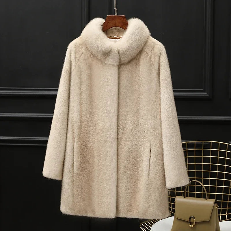 Real Mink Fur Coat Women Clothing Whole Mink Midi Long Fur Jacket 2023 Winter Clothes for Woman Stand Collar Abrigos Mujer FCY